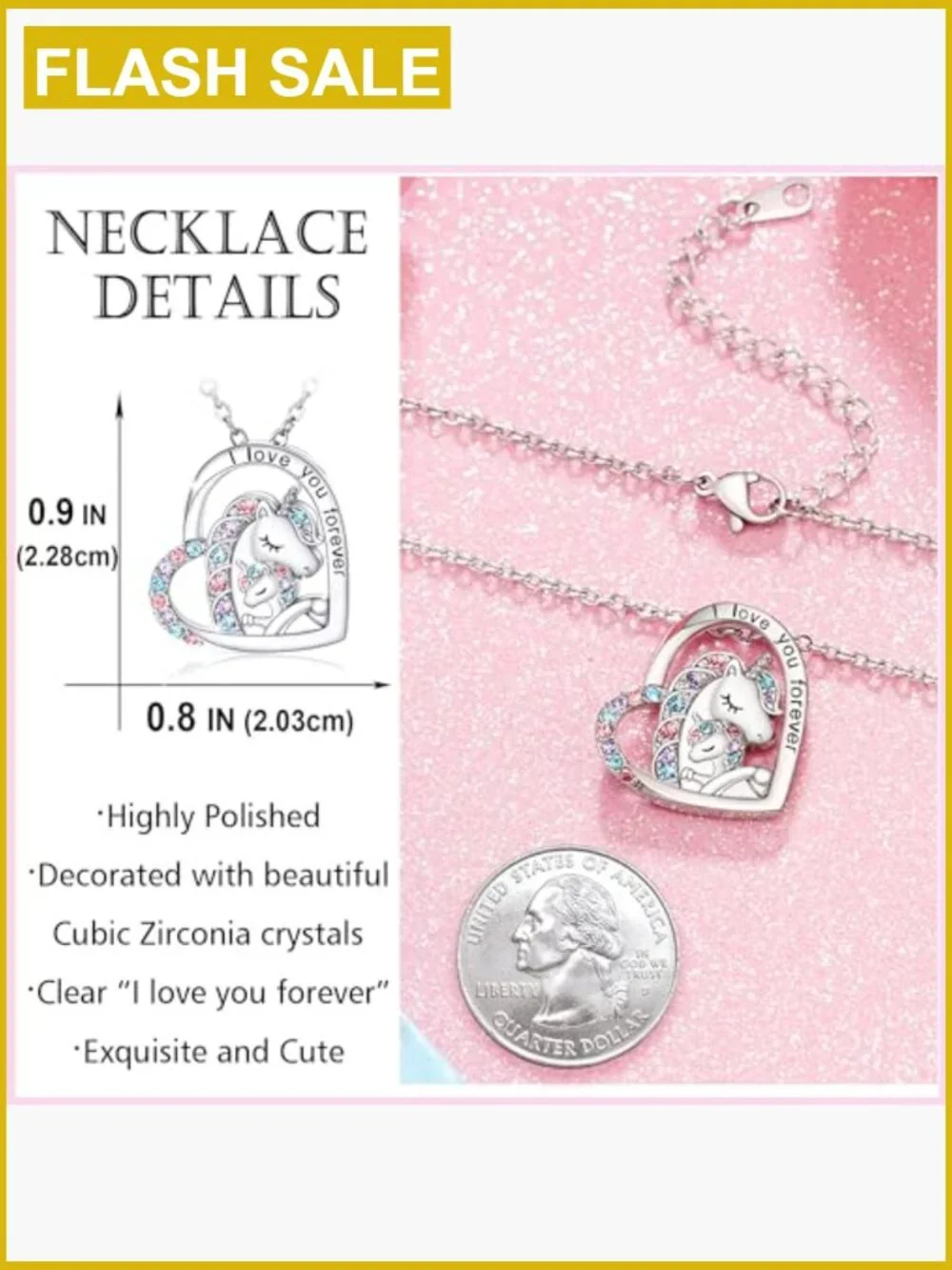 Unicorn Pendant Necklace for Girls, Stainless Steel Cubic Zirconia
